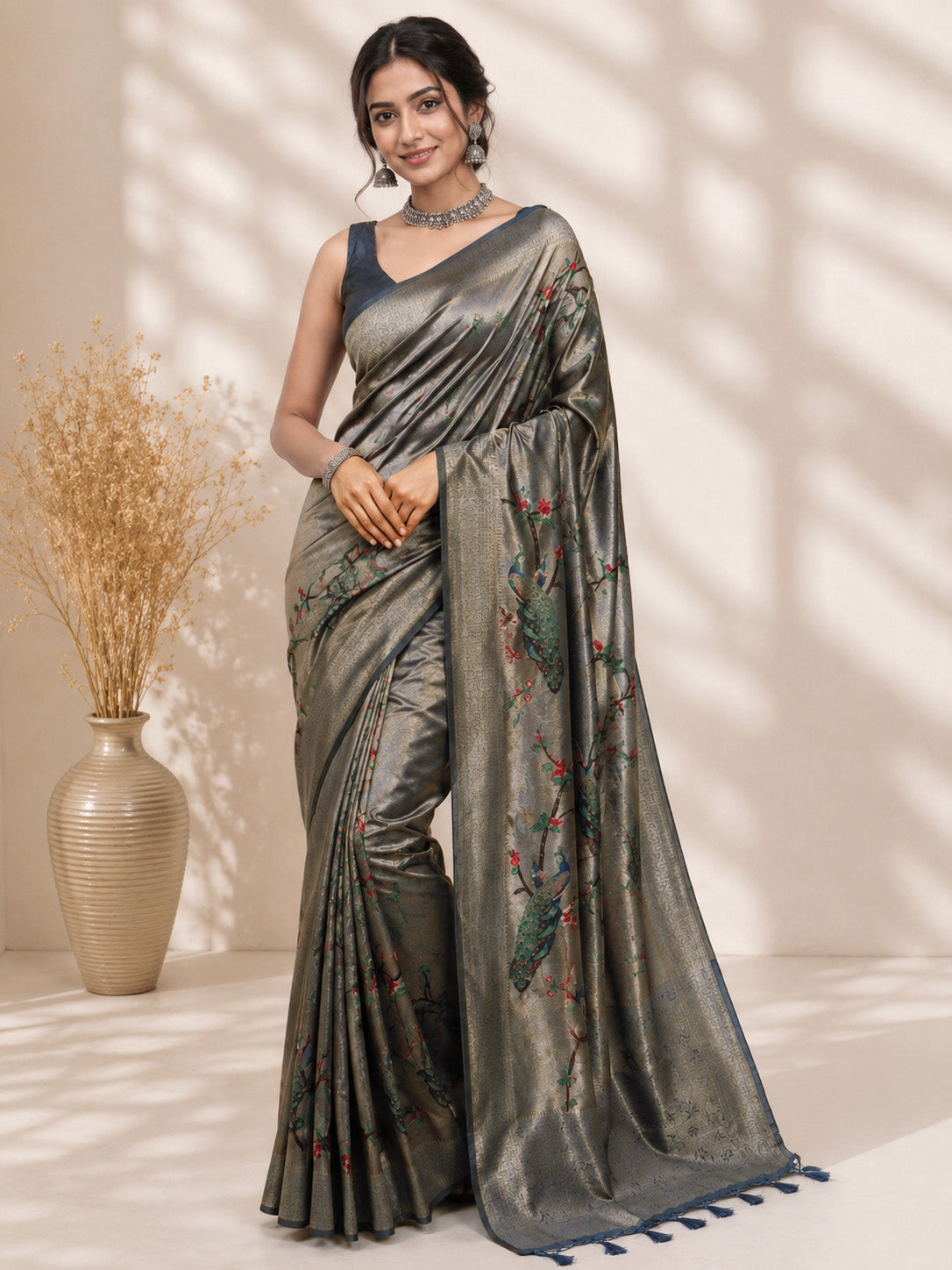 Grey Peacock Printed Banarasi Unfinished Saree