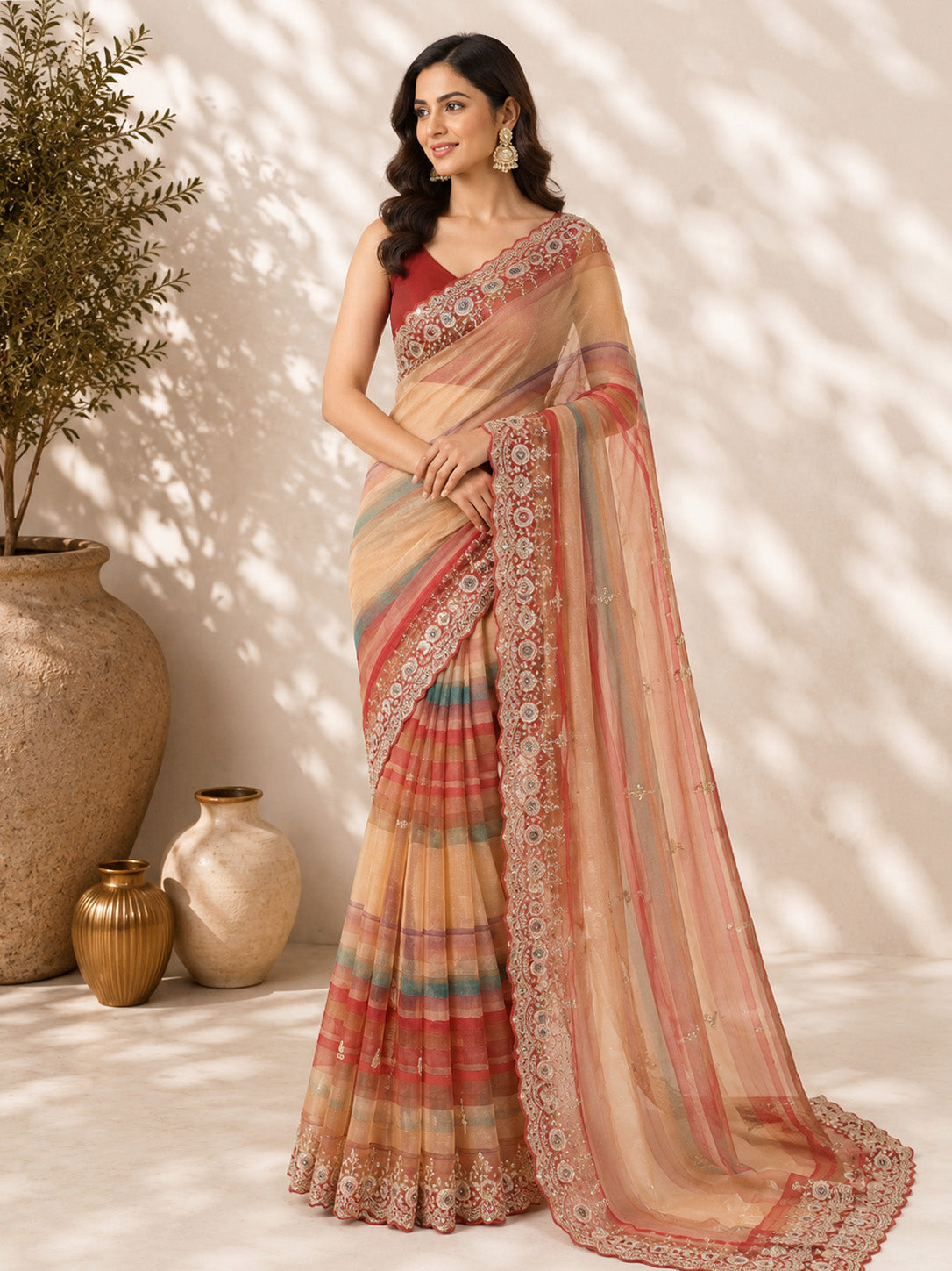 Peach Ethnic Perfect for Festive Occasions Unfinished Saree