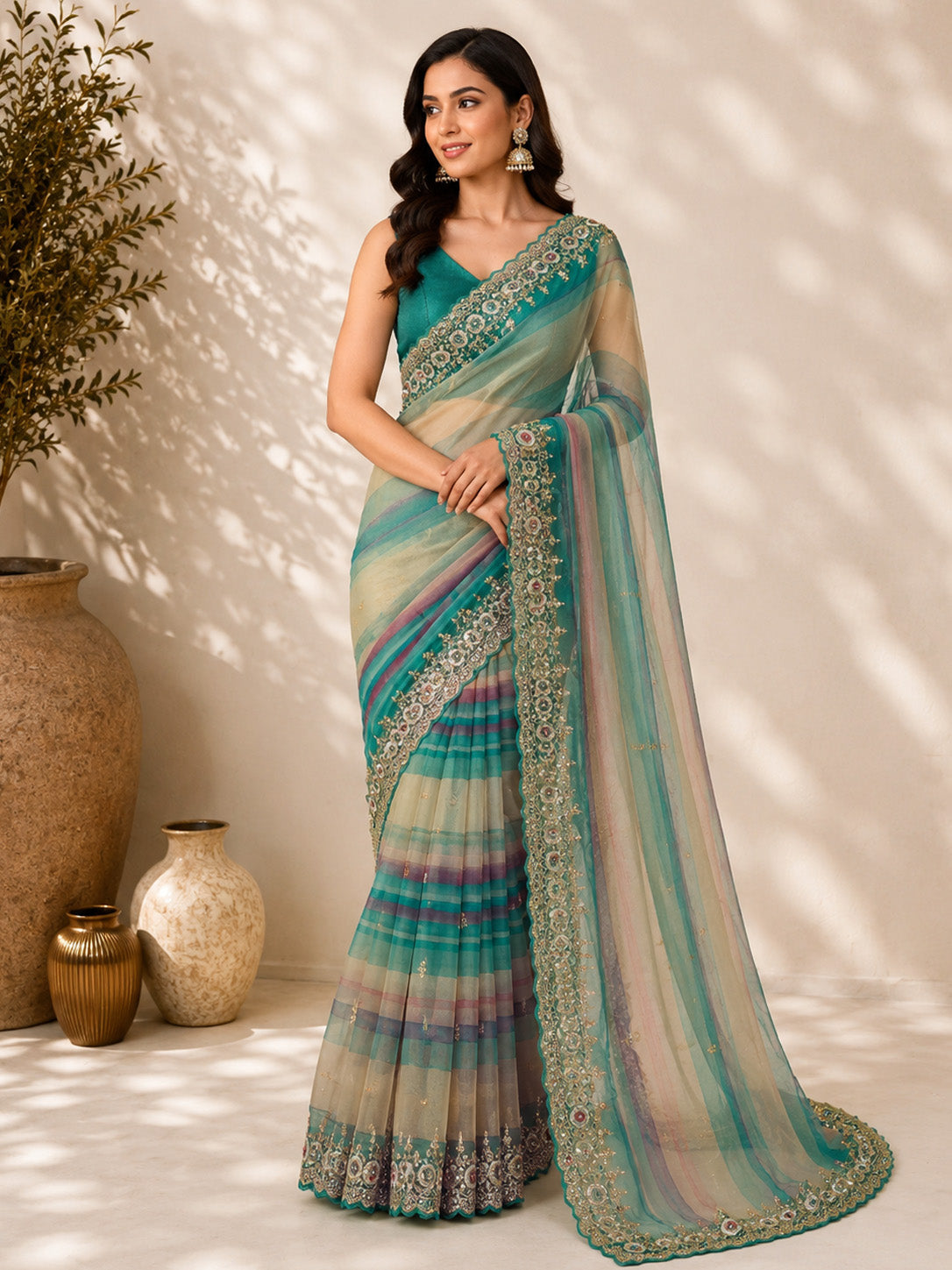 Sea Green Multicolor Unfinished Saree