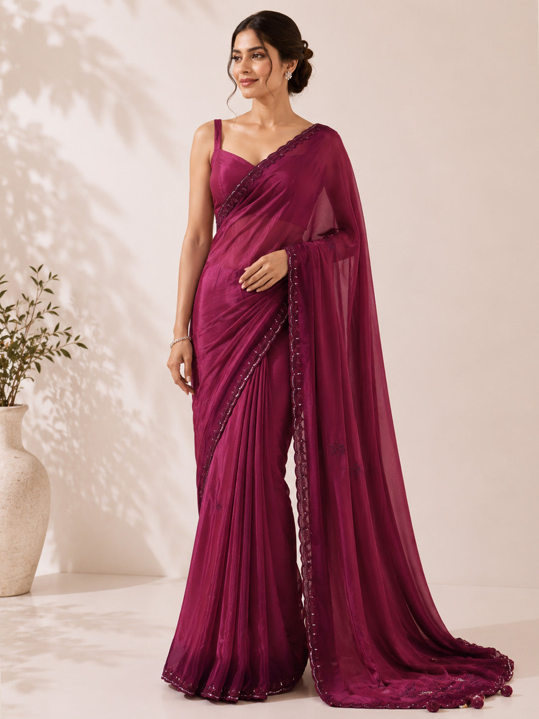 Deep Magenta Unfinished Saree for Women