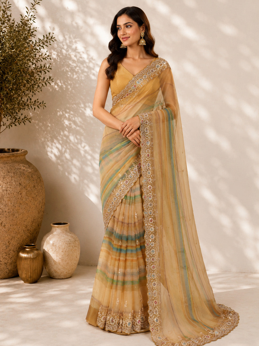 Golden Beige Unfinished Saree for Women