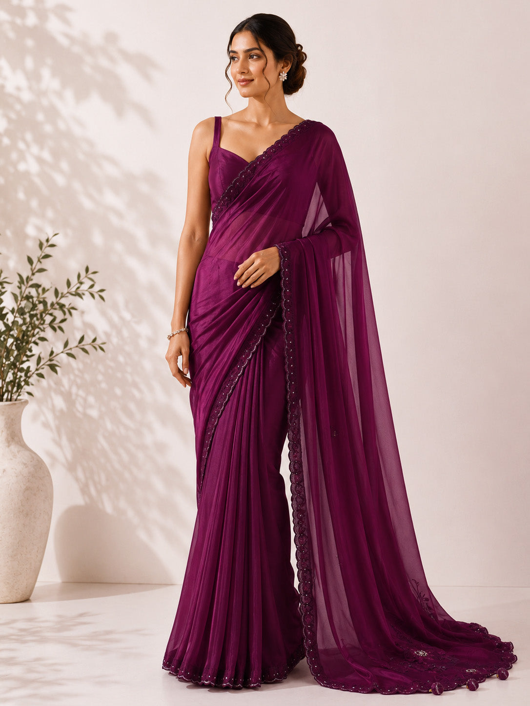 Wine Color Unfinished Saree for Women
