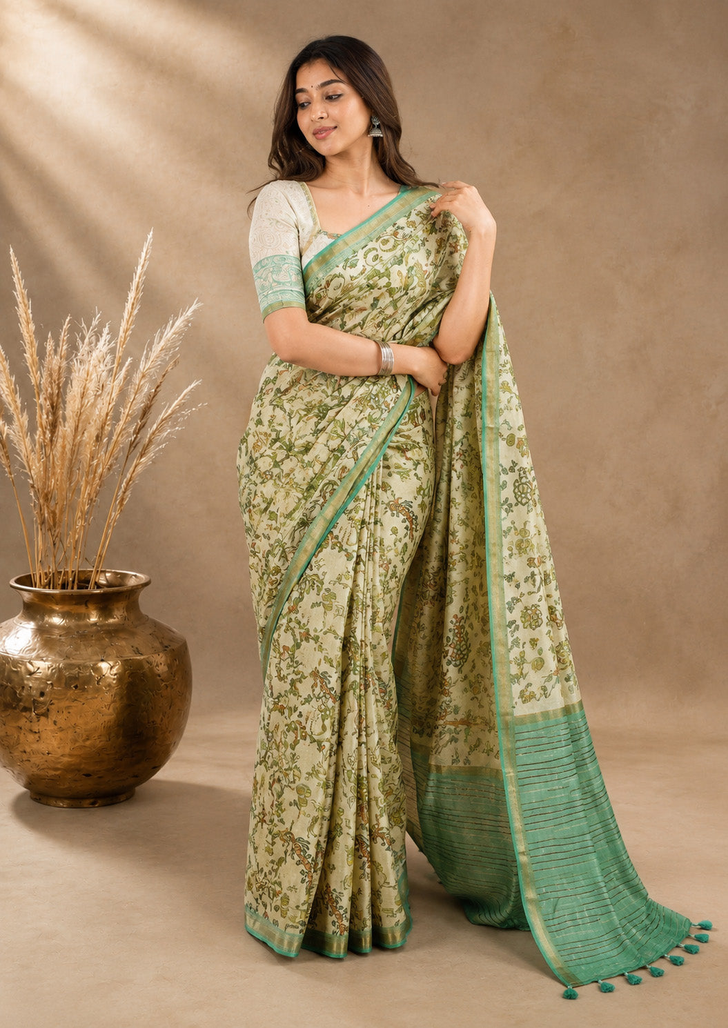 Unfinished Printed Saree with Mint Green Border