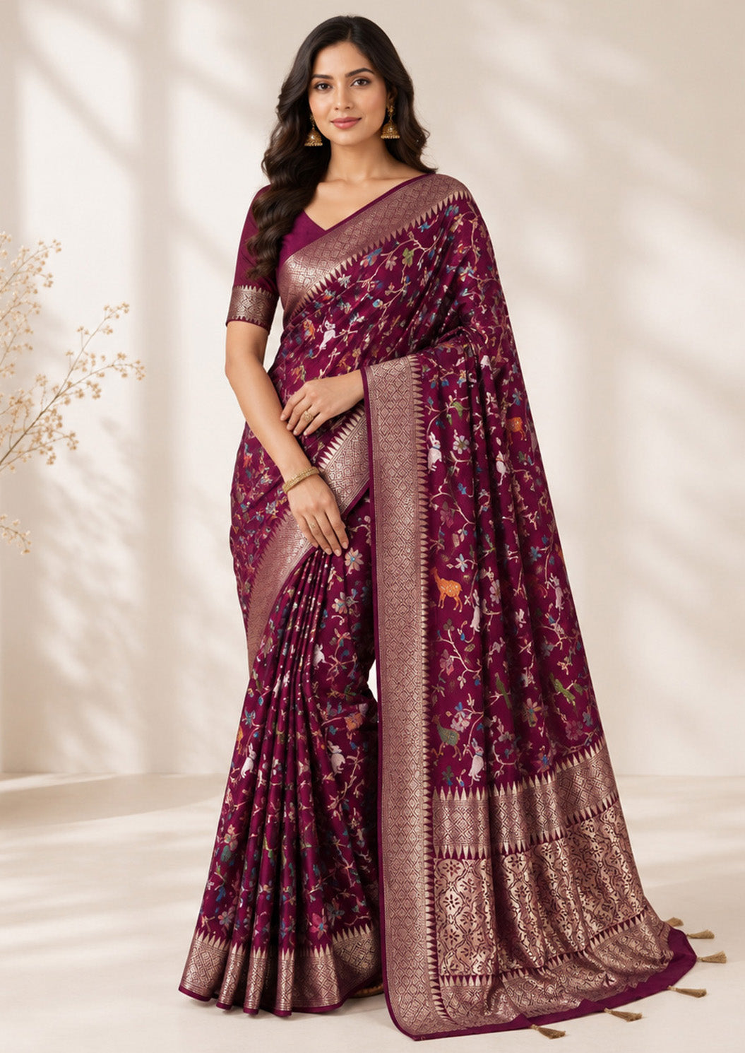 Purple Floral Pattern Unfinished Saree