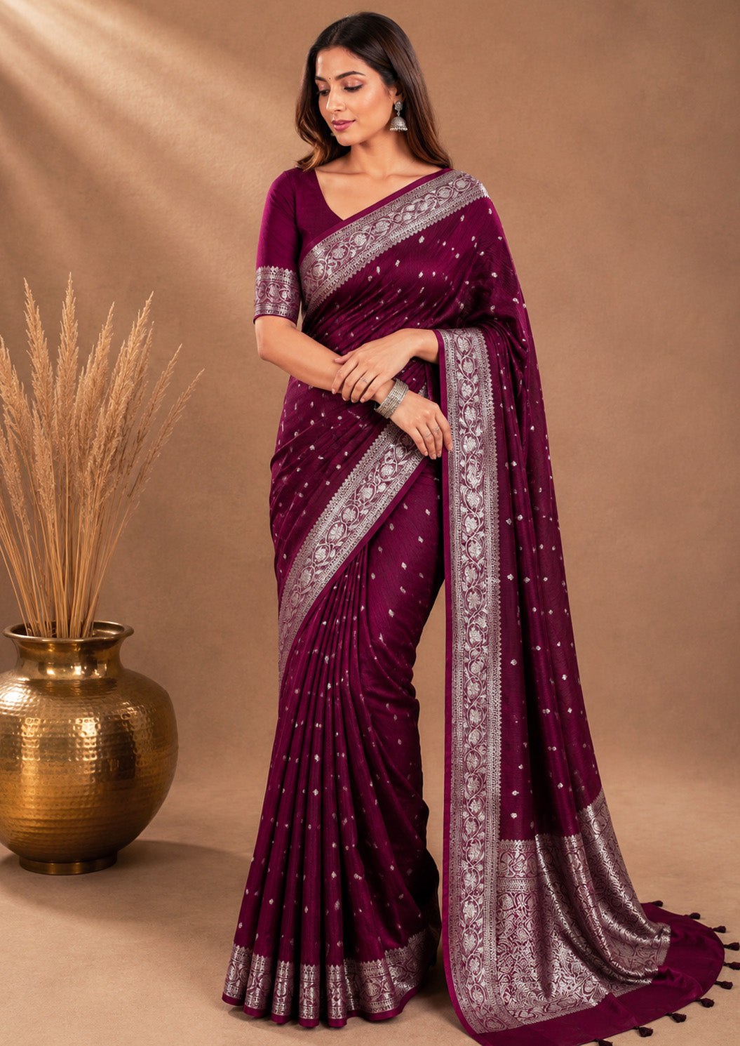 Unfinished Wine Color Saree with Elegant Woven Border