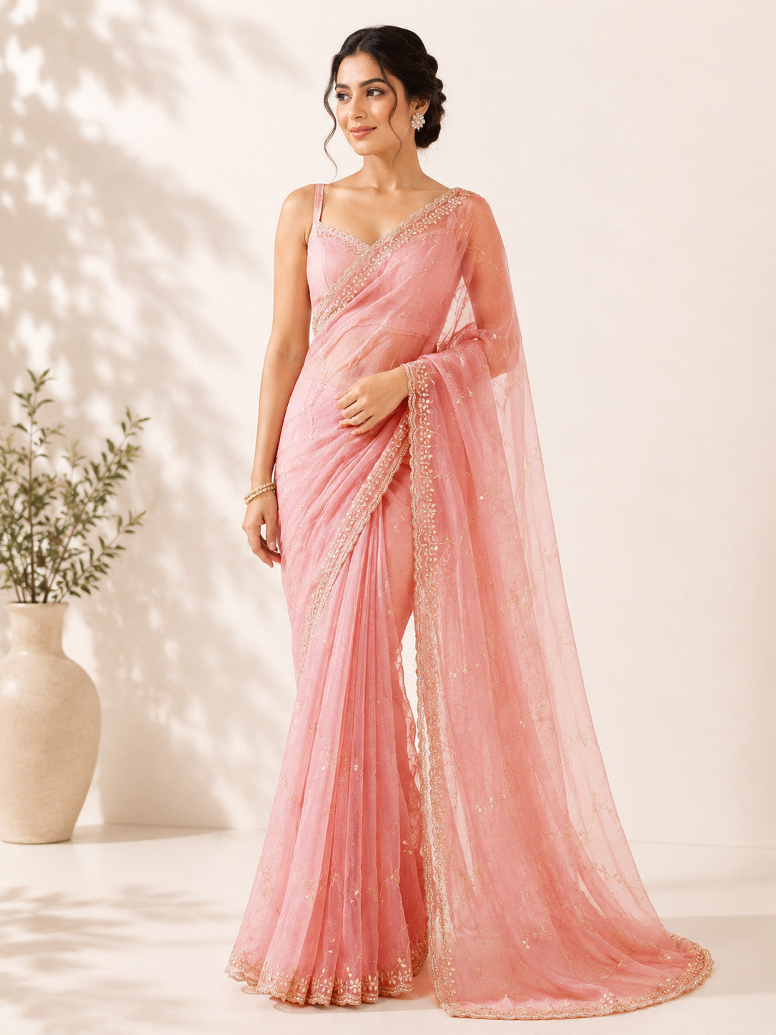 Pink Unfinished Saree for Women