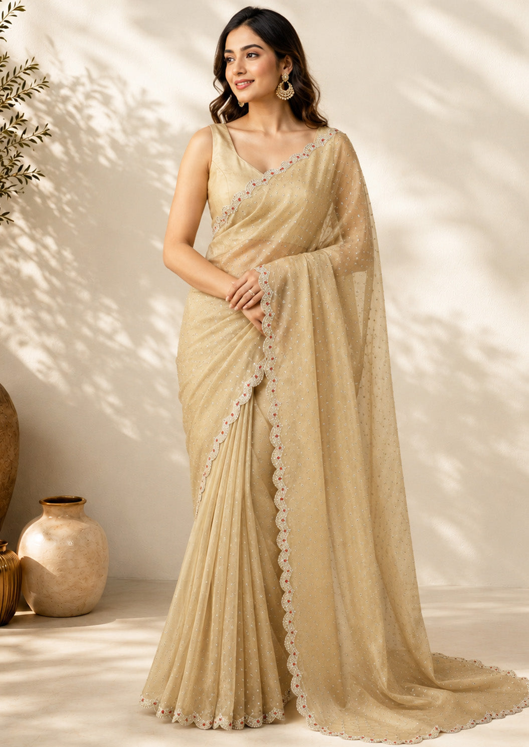 Beige Elegant Party Wear Saree Unfinished