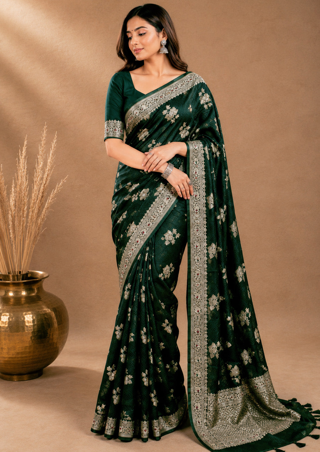 Unfinished Dark Green Color Print Saree with Elegant Border