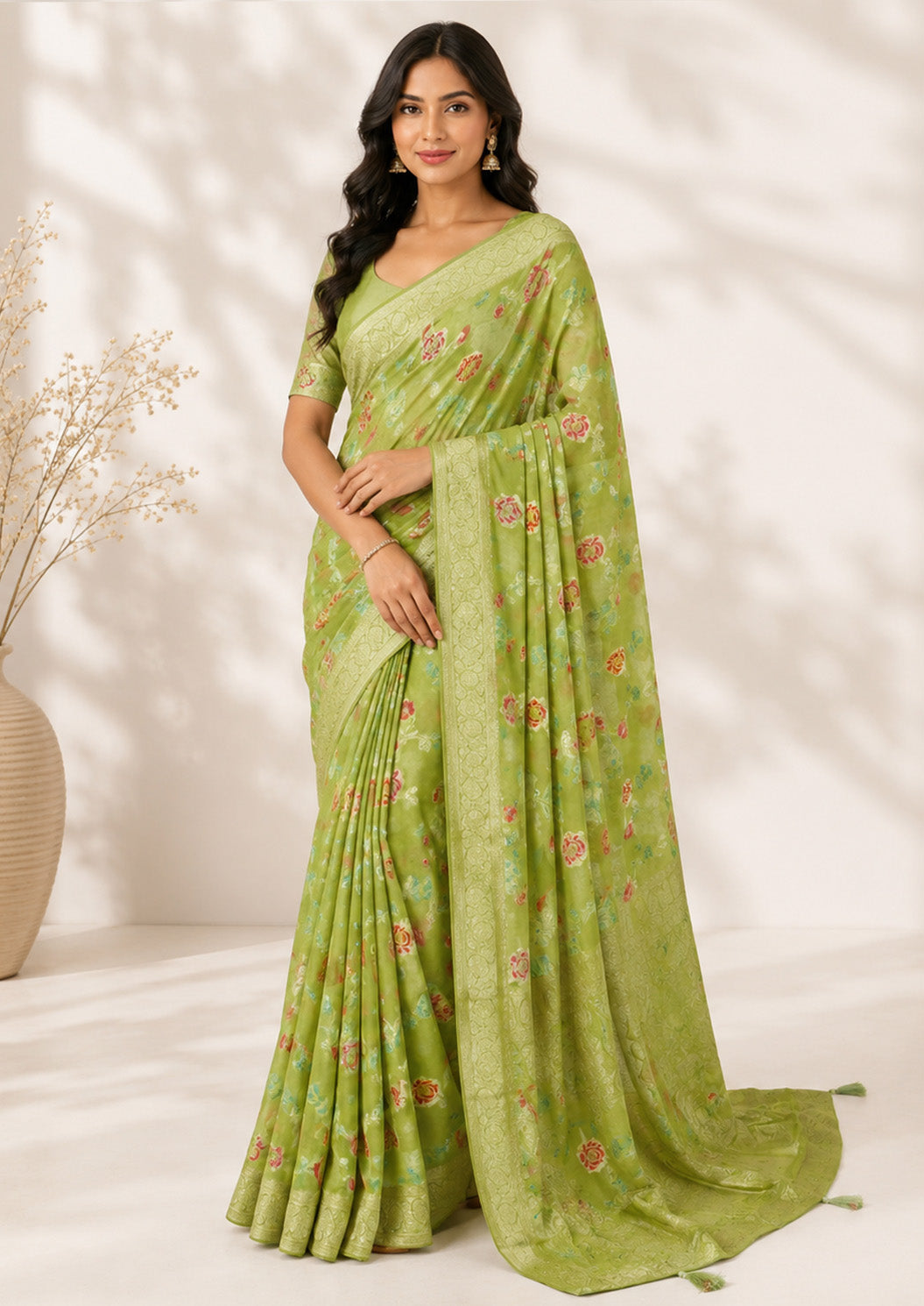 Multi Color Floral Embroidered Unfinished Saree
