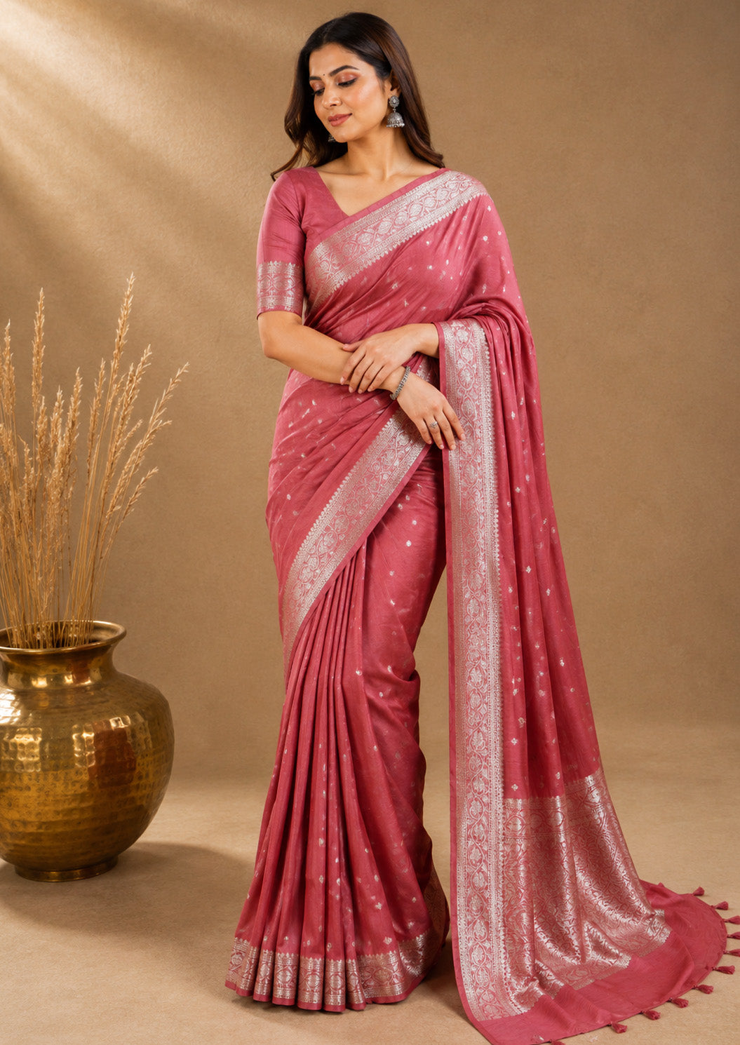 Unfinished Pink Color Saree with Elegant Woven Border
