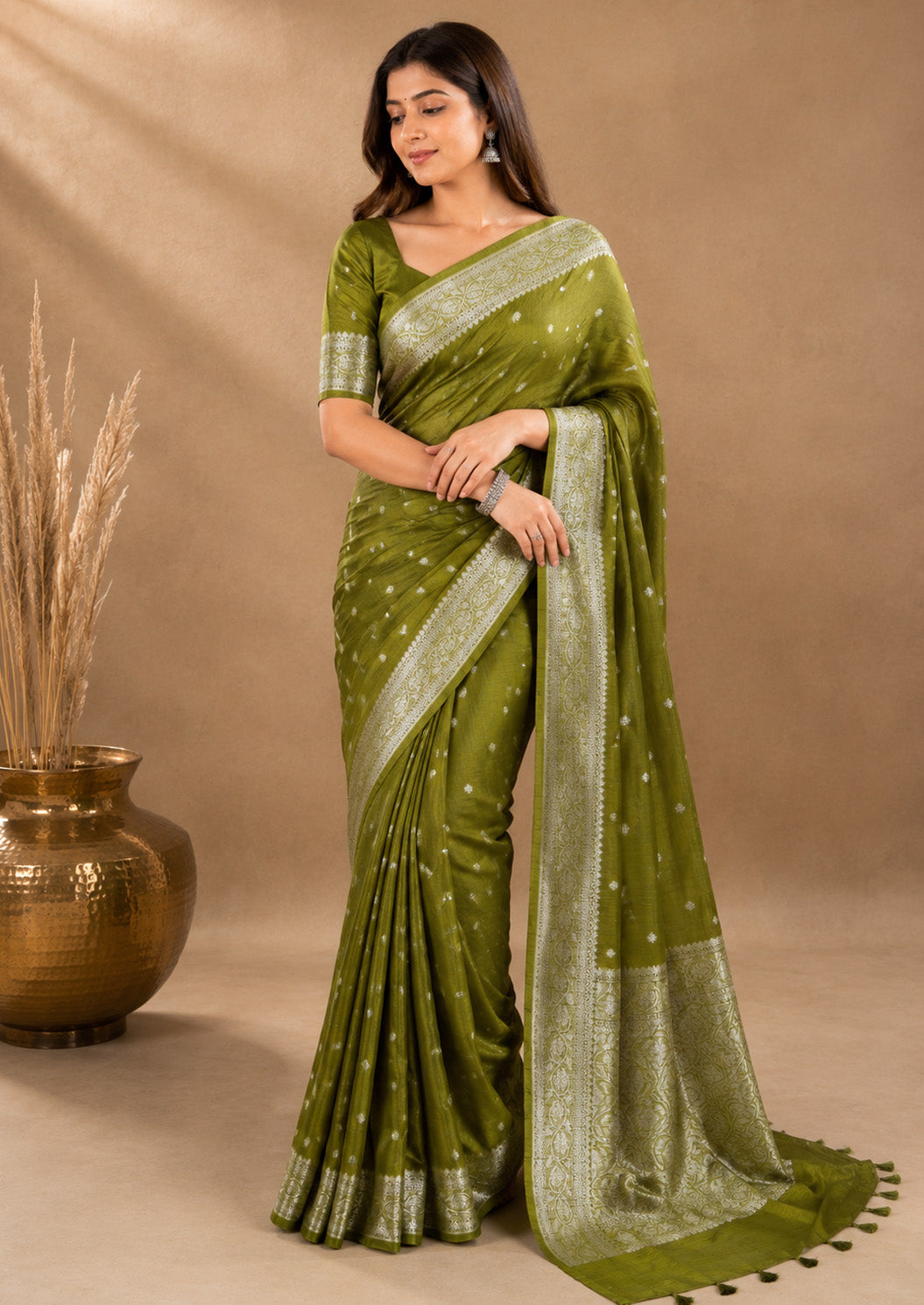 Unfinished Olive Green Color Saree with Elegant Woven Border