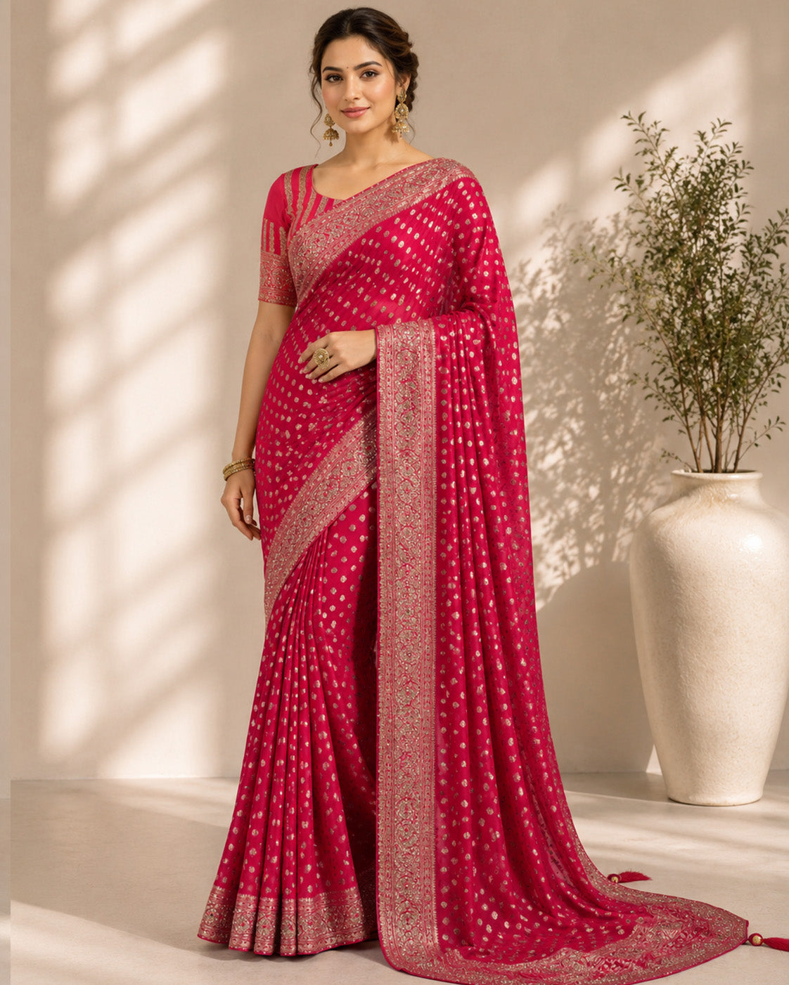 Rani Pink with Golden Border Unfinished Saree