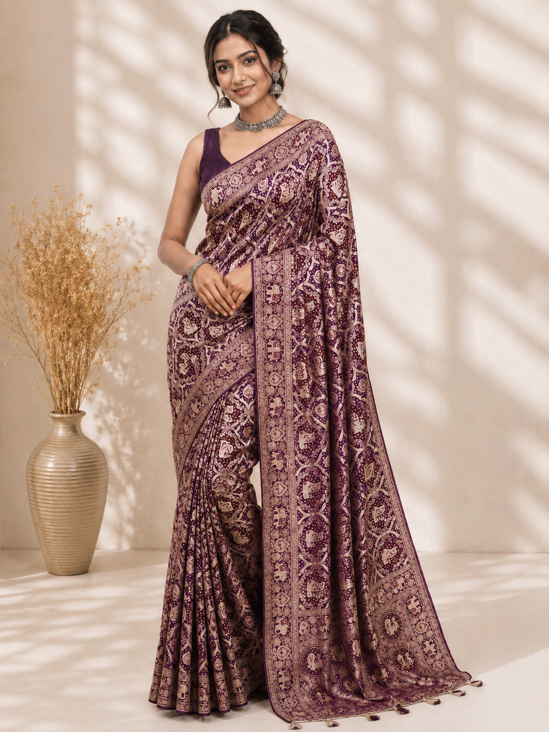 Purple Paisley Printed Unfinished Saree