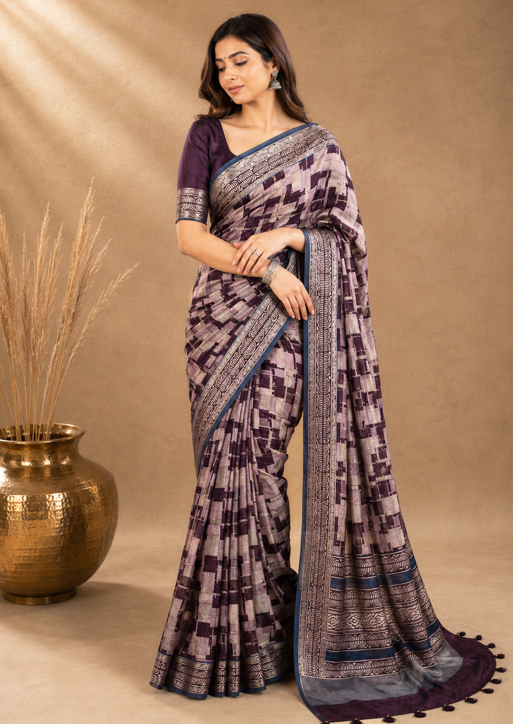 Unfinished Purple & Blue Printed Saree with Designer Border