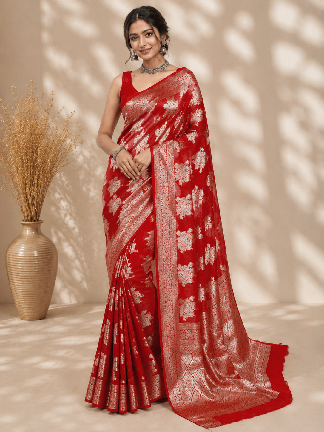 Red Georgette Boota Unfinished Saree
