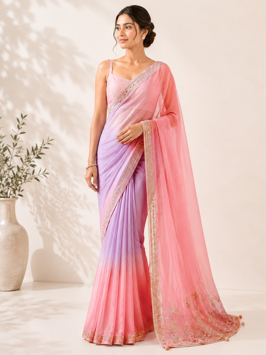 Dual-Tone Pink & Purple Unfinished Saree for Women