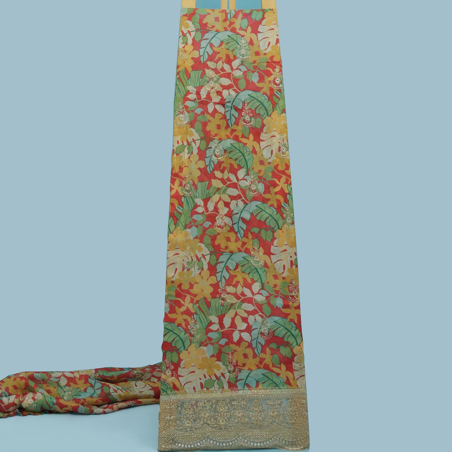 Red Color Tissue Border Embroidery Fabric