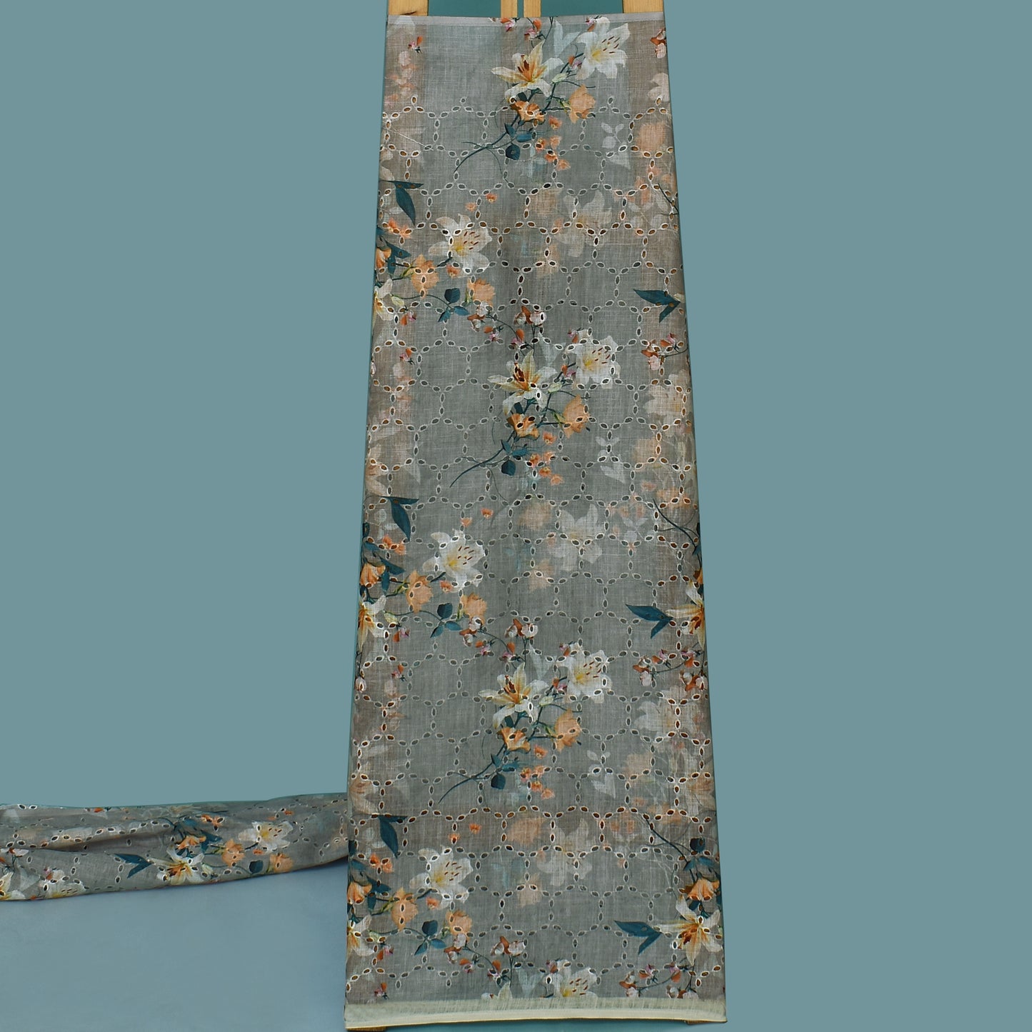 Multi Color Linen Print Cutwork Fabric