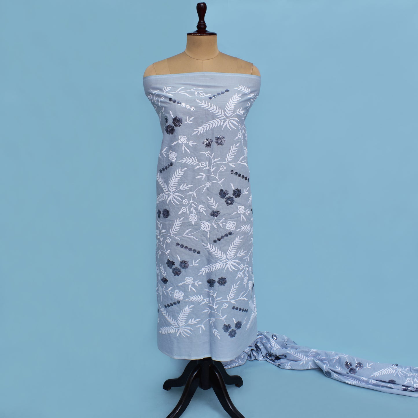 Grey Color Cotton Embroidery Fabric