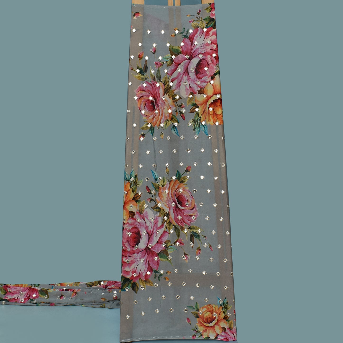 Chinon Chiffon Print Mirror Work Fabric