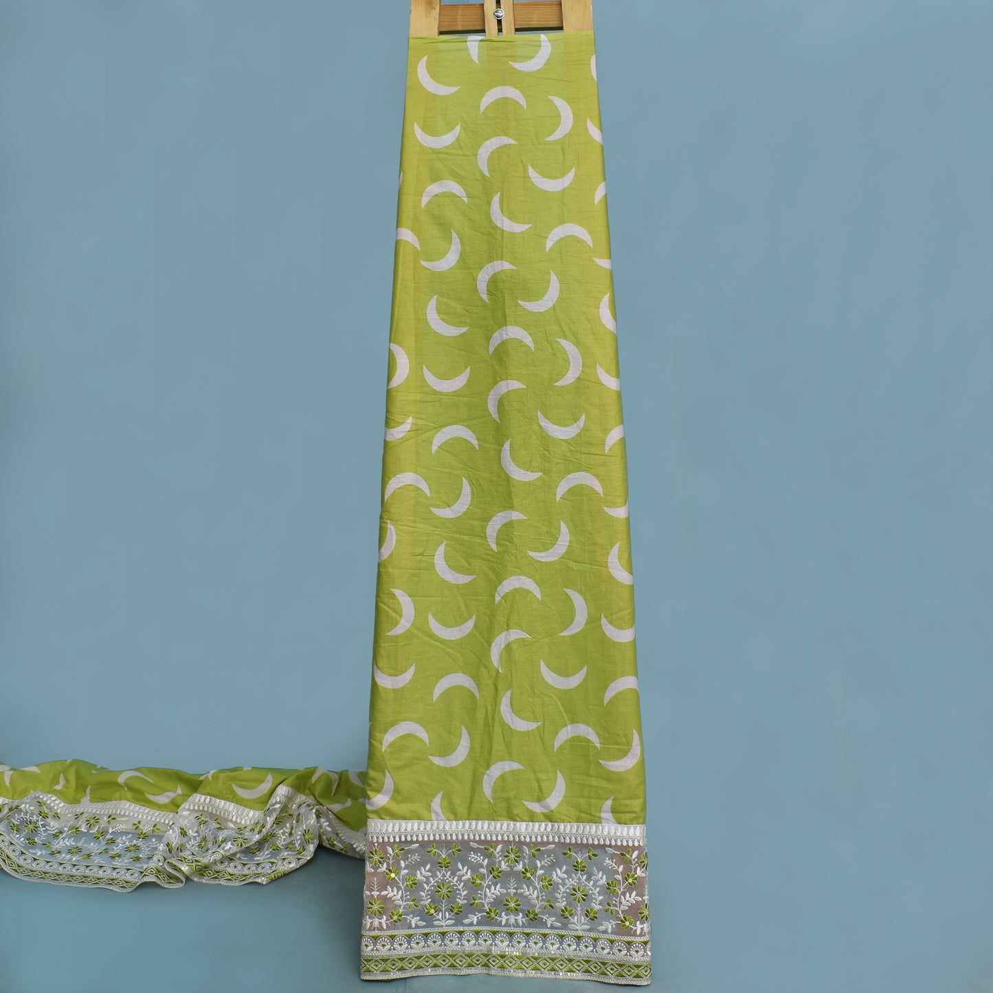 Mehndi Green Color Mulmul Print Border Embroidery Fabric