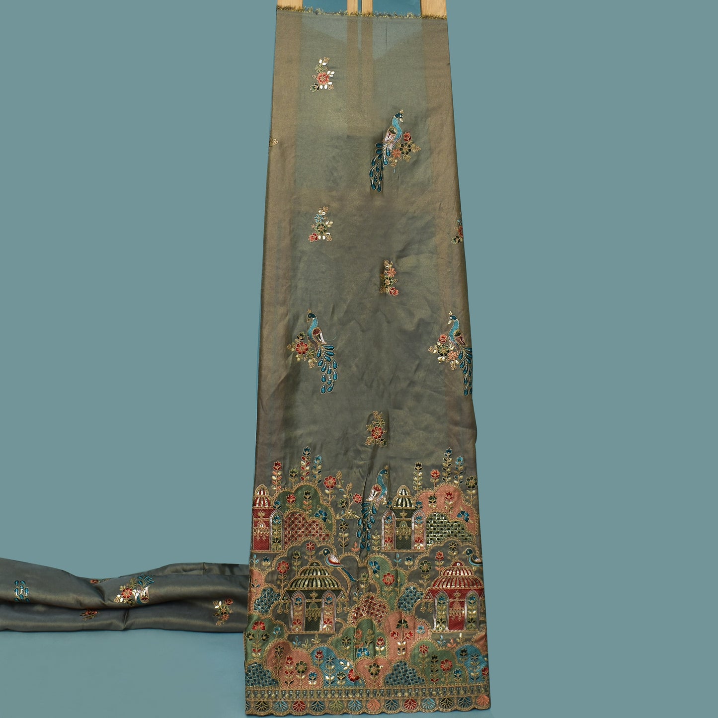 Mint Green Color Tissue Border Embroidery Fabric