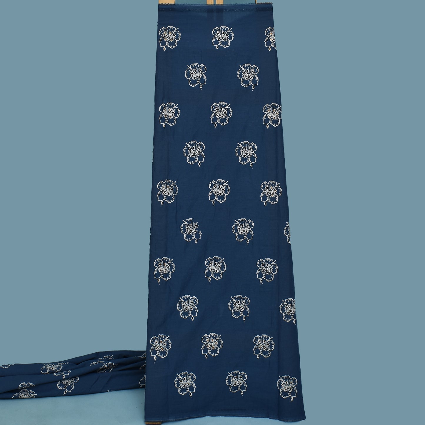 Teal Blue Color Cotton Chikan Embroidery Fabric