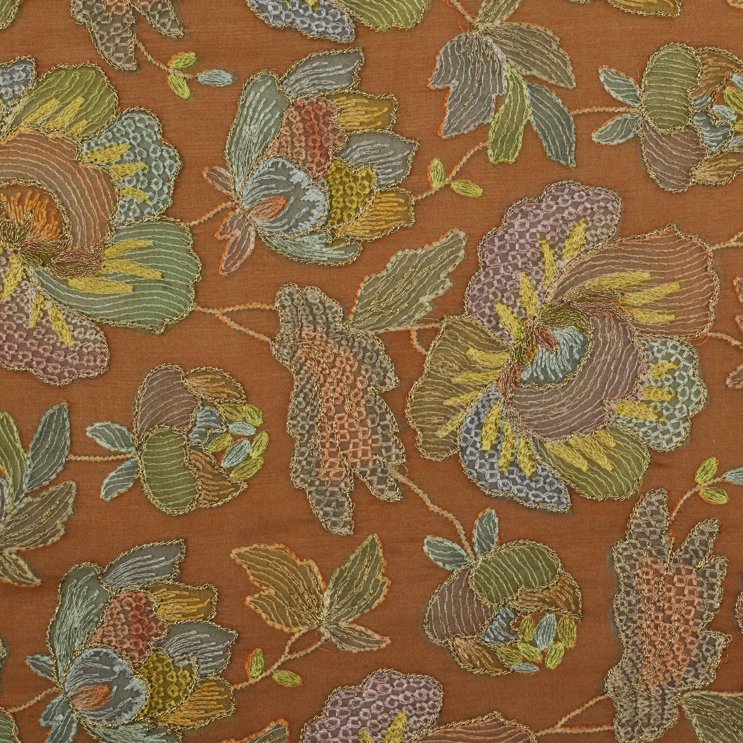 Orange Color Organza Embroidery Designer Fabric