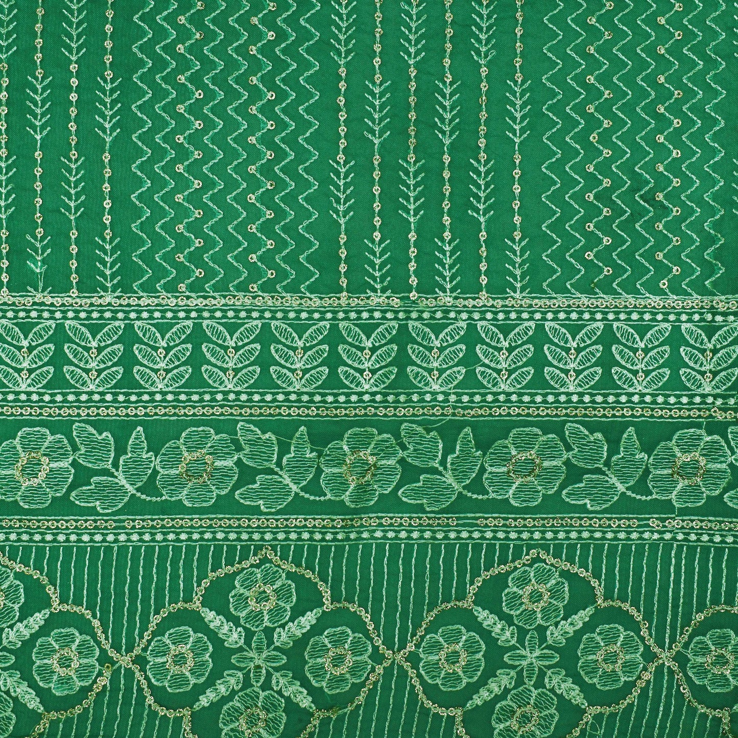 Green Color Organza Embroidery Designer Fabric