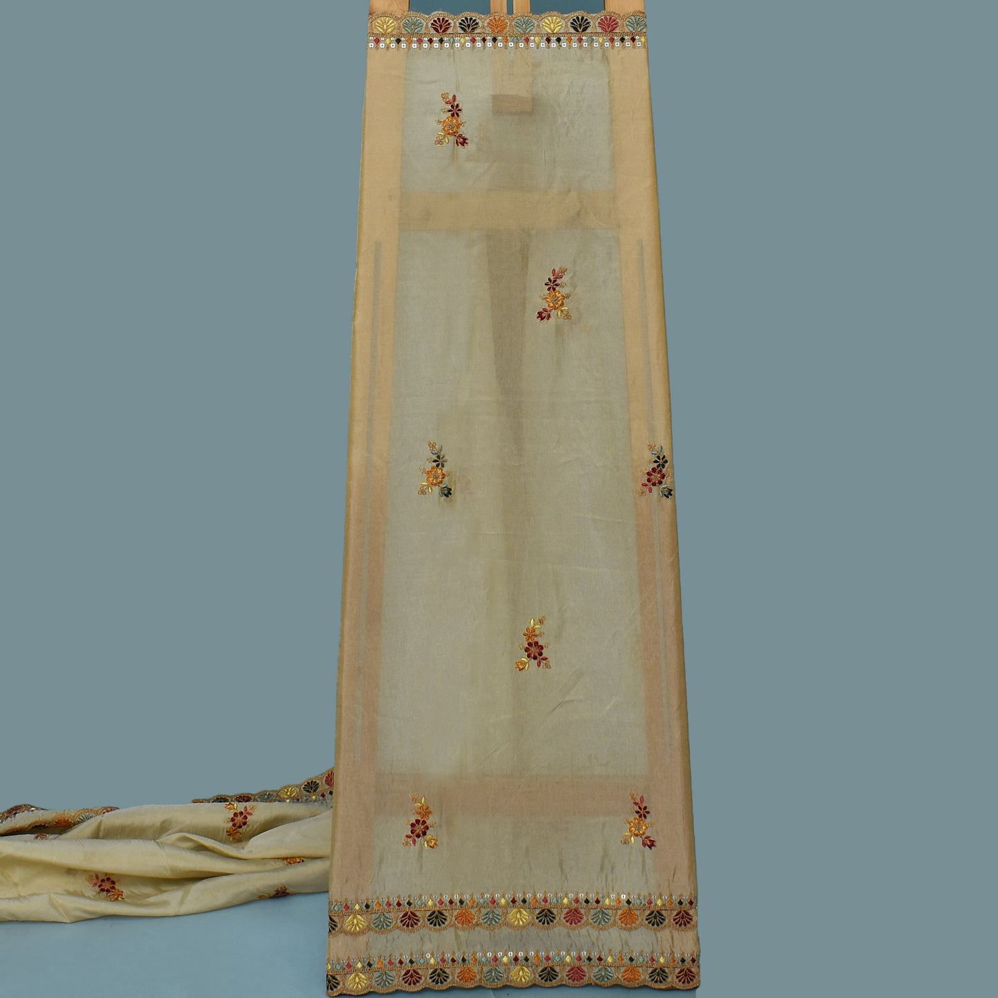 Beige Color Tissue Booti Embroidery Fabric