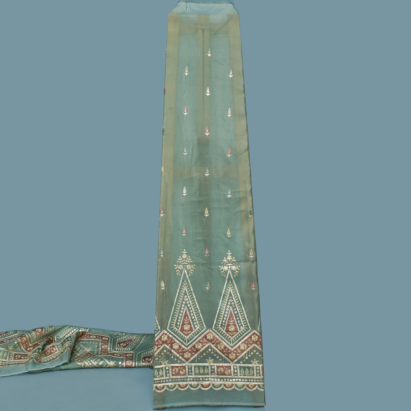 Pistachio Green Color Tissue Border Embroidery Fabric