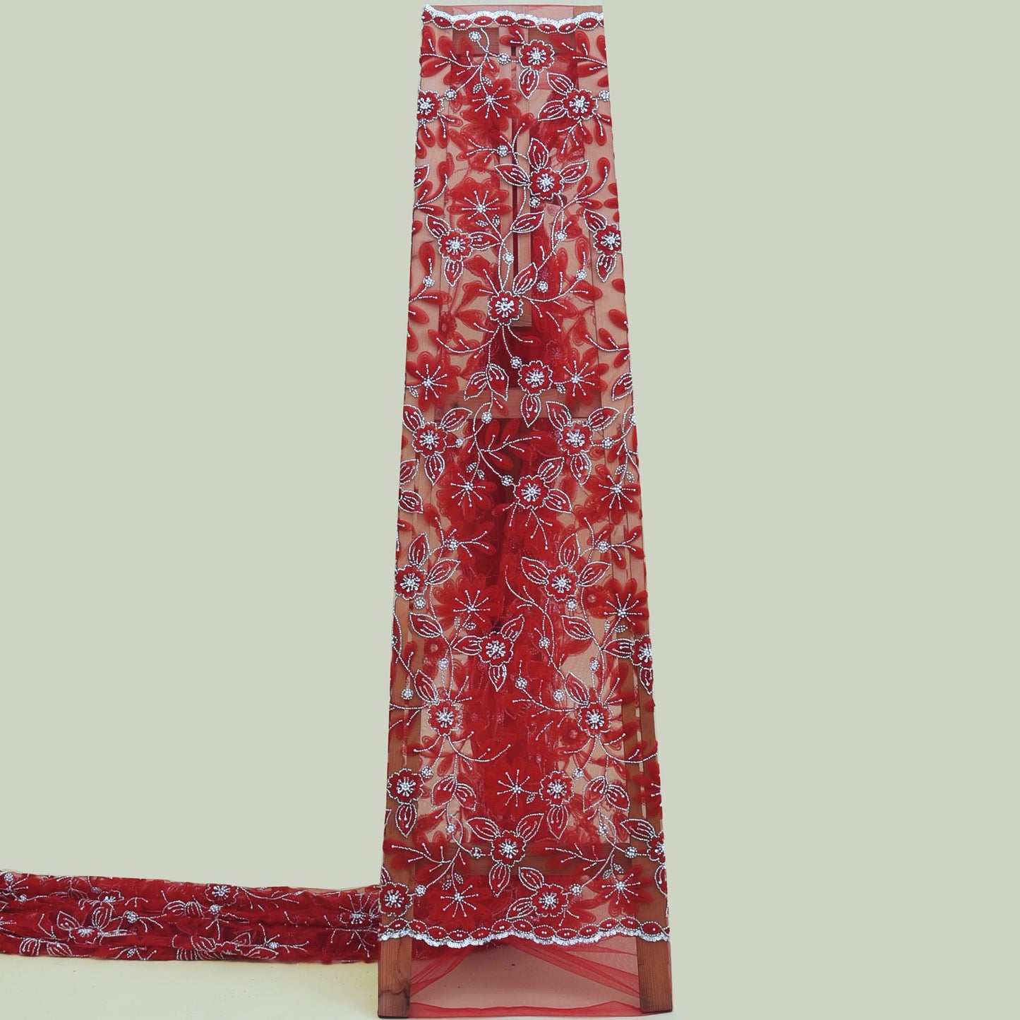 Red Color Net Sequins Embroidery Fabric