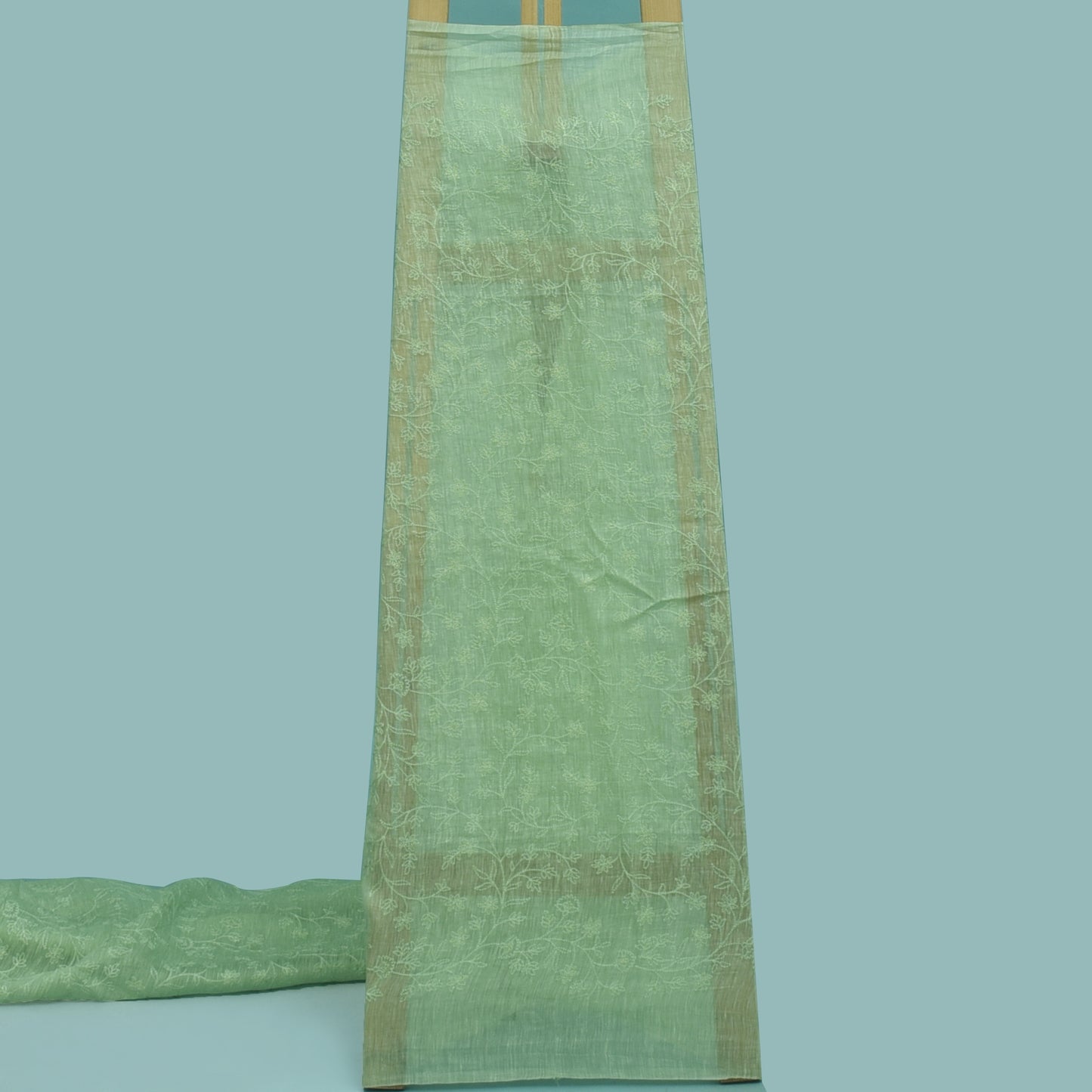 Pista Green Color Noil Silk Embroidery Fabric