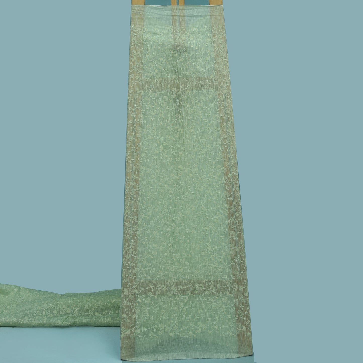 Pista Green Color Noil Silk Embroidery Fabric