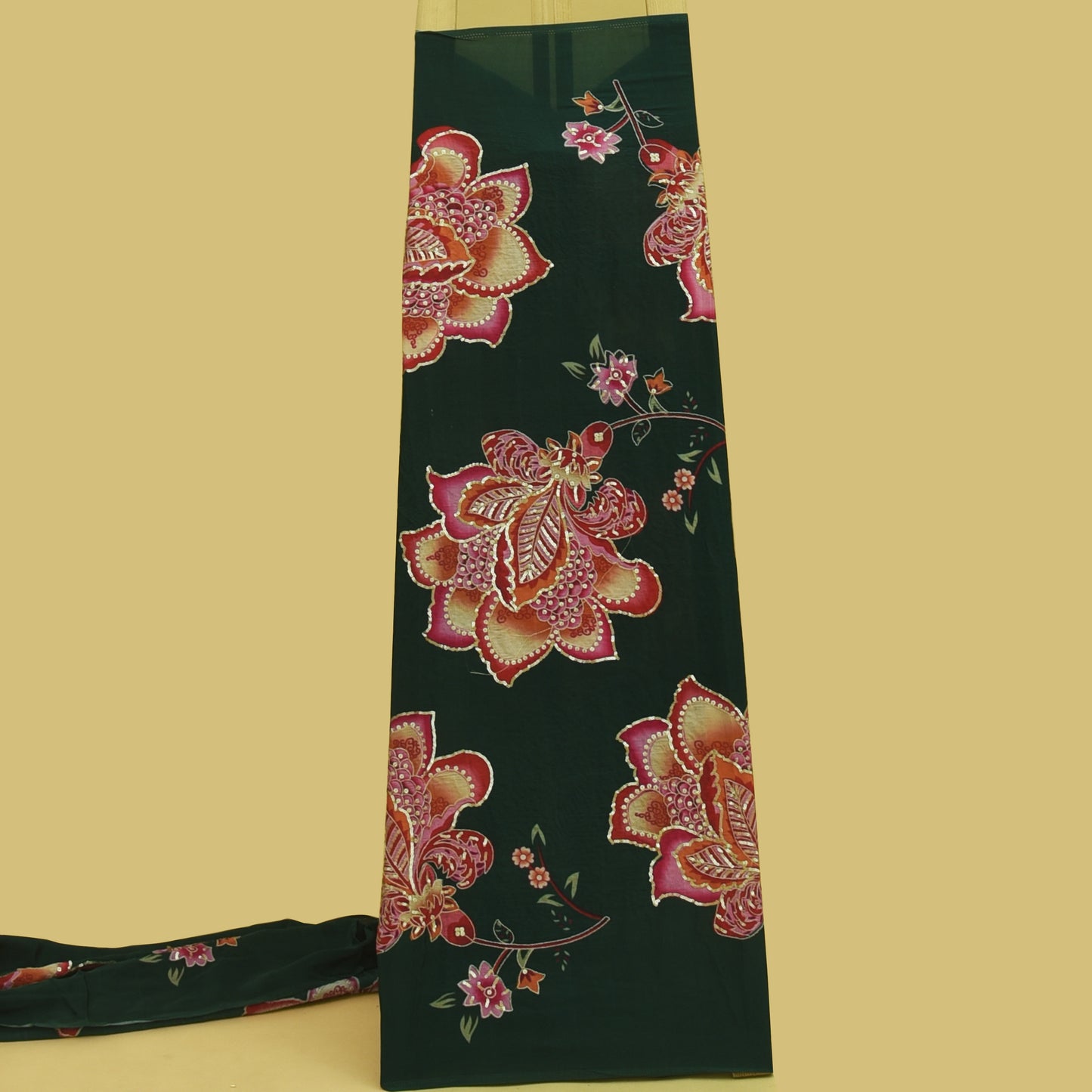 Green Color Crepe Position Print Embroidery Fabric