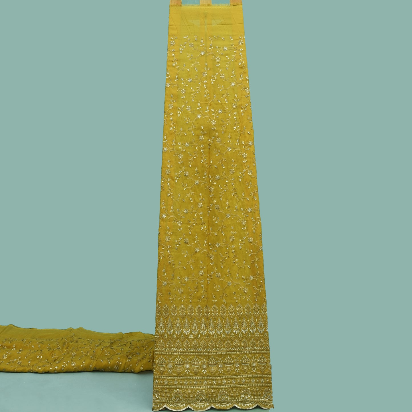 Mustard Color Tissue Embroidery Fabric