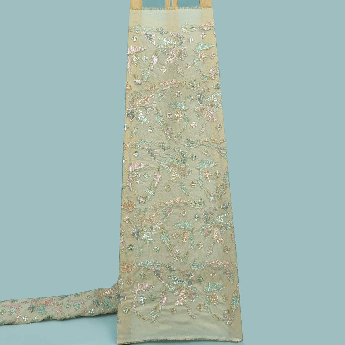 Beige Color Tissue Sequins Embroidery Fabric