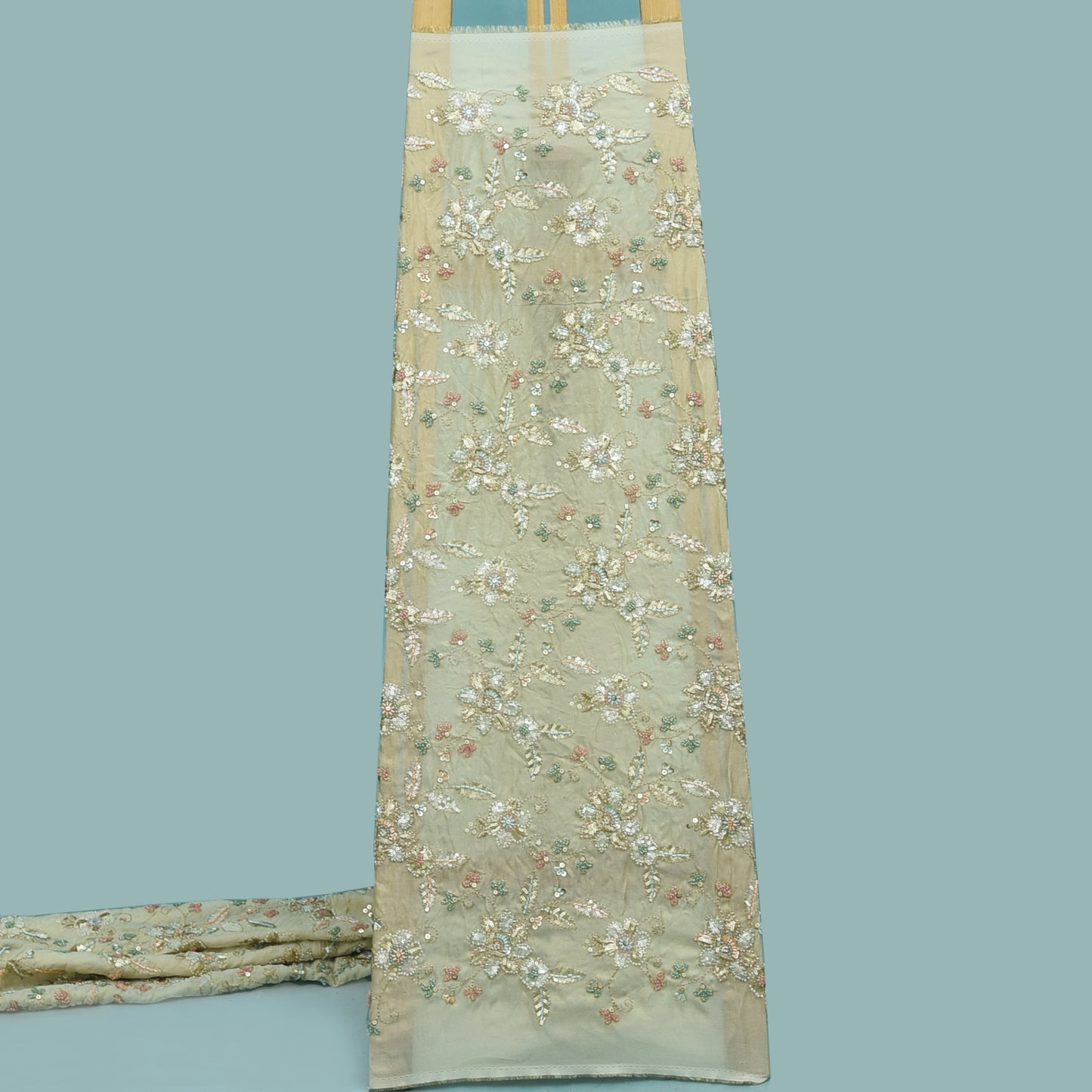 Beige Color Tissue Sequins Embroidery Fabric