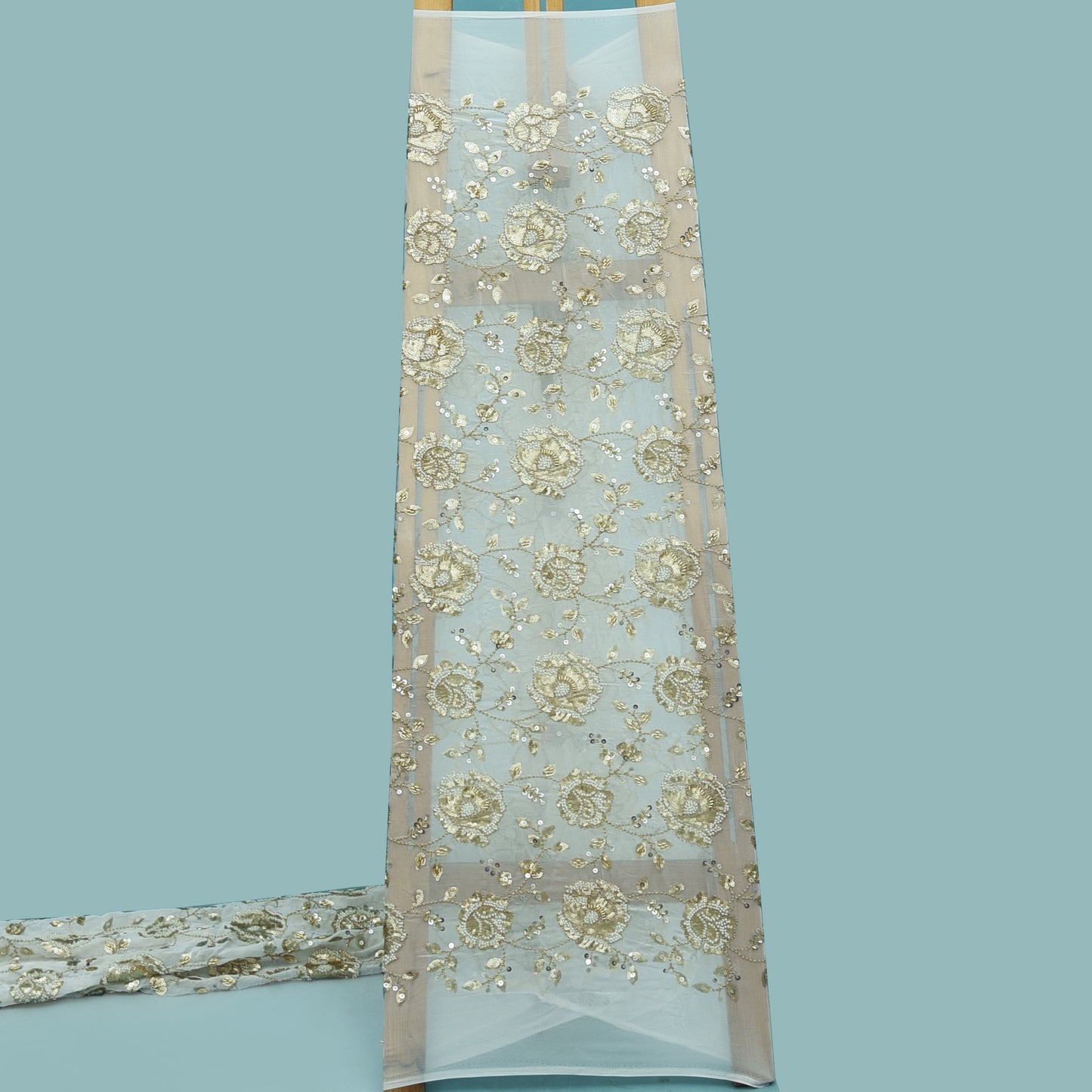 White Color Georgette Sequins Embroidery Fabric