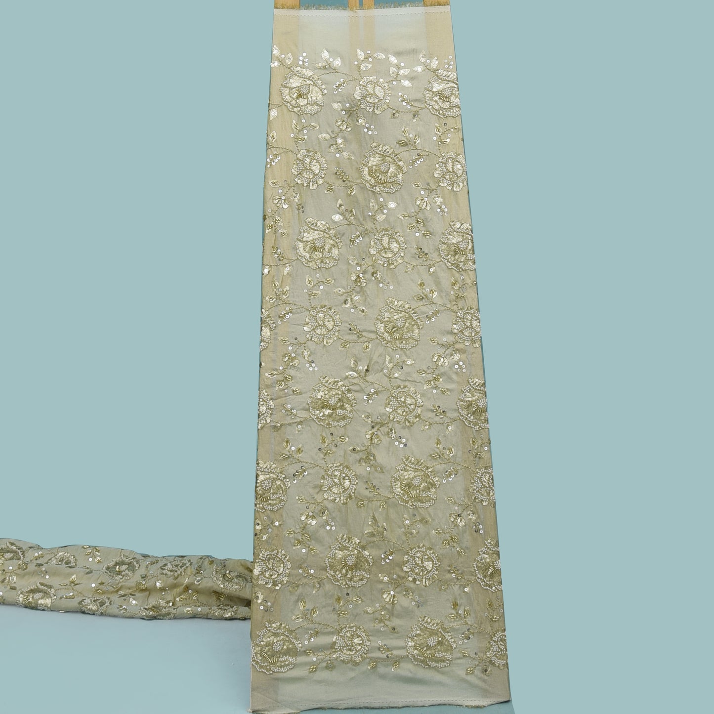 Beige Color Tissue Sequins Embroidery Fabric