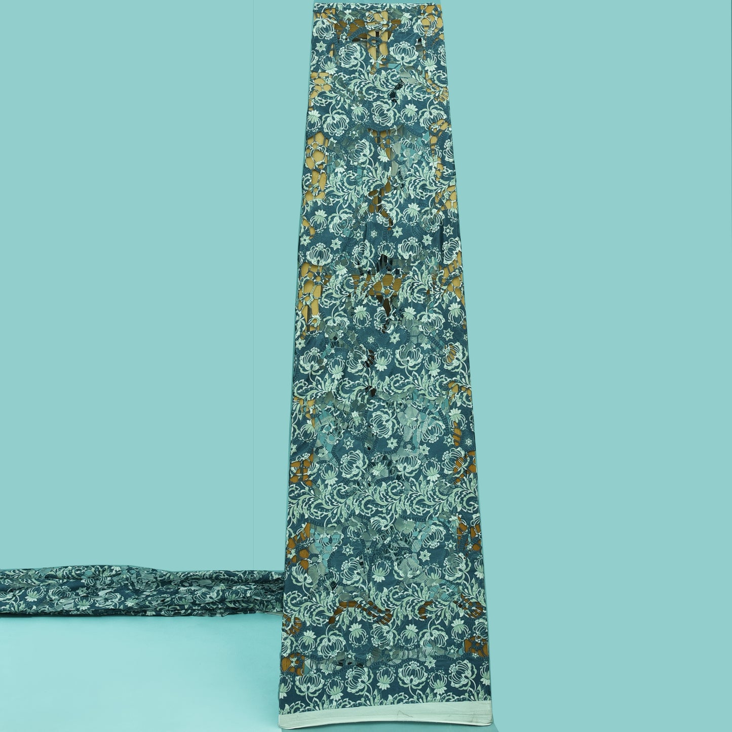 Blue Color Velvet Cut Work Print Embroidery Fabric