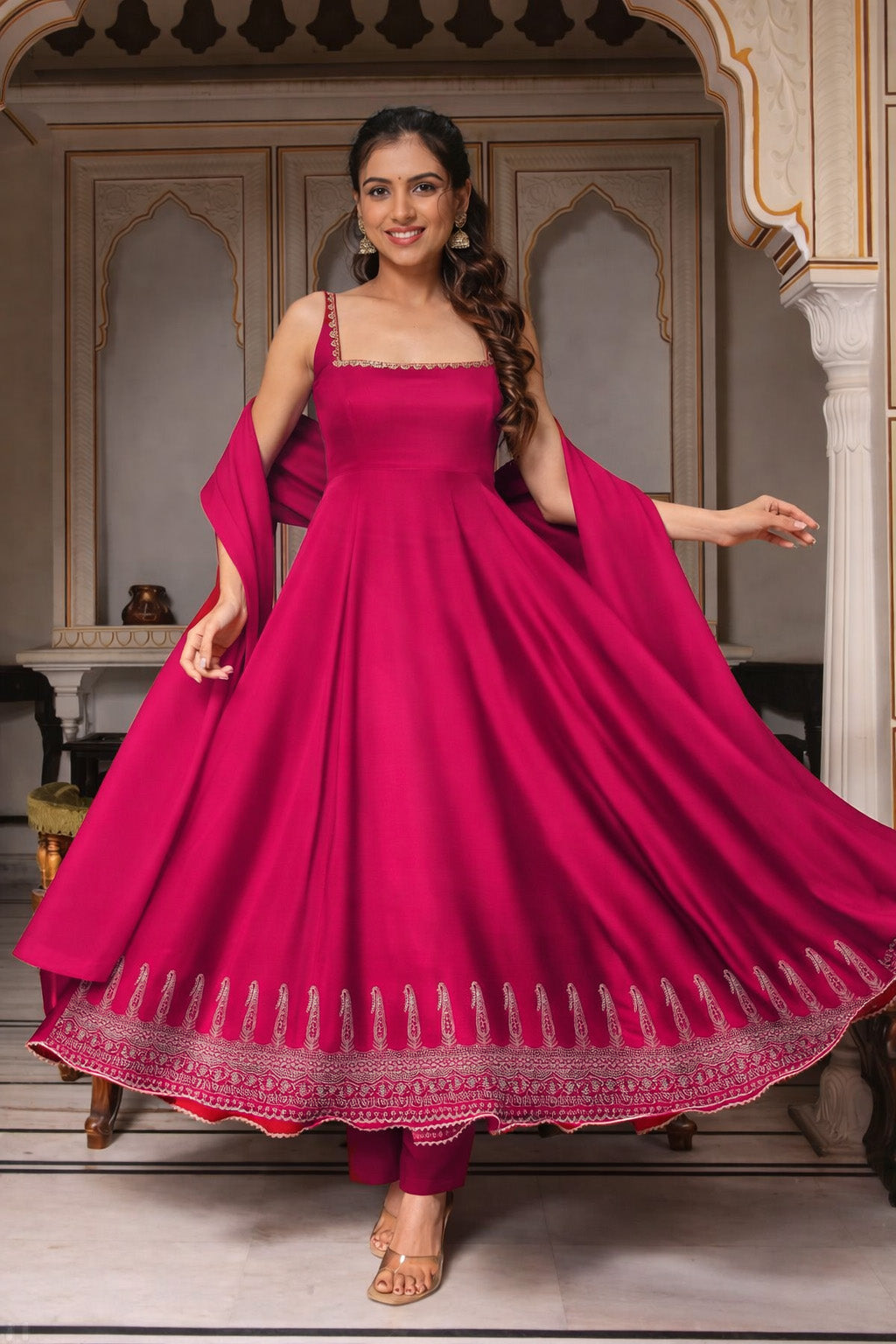 Dark Pink Color Silk Embroidery Fabric