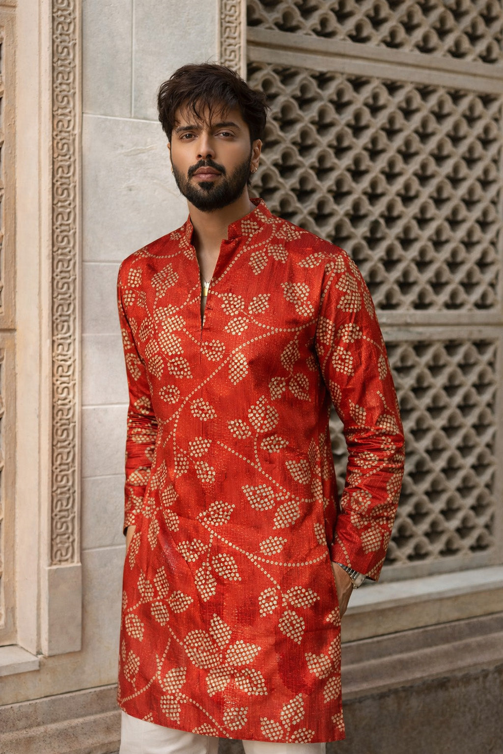 Red Color Dupion Print Fabric