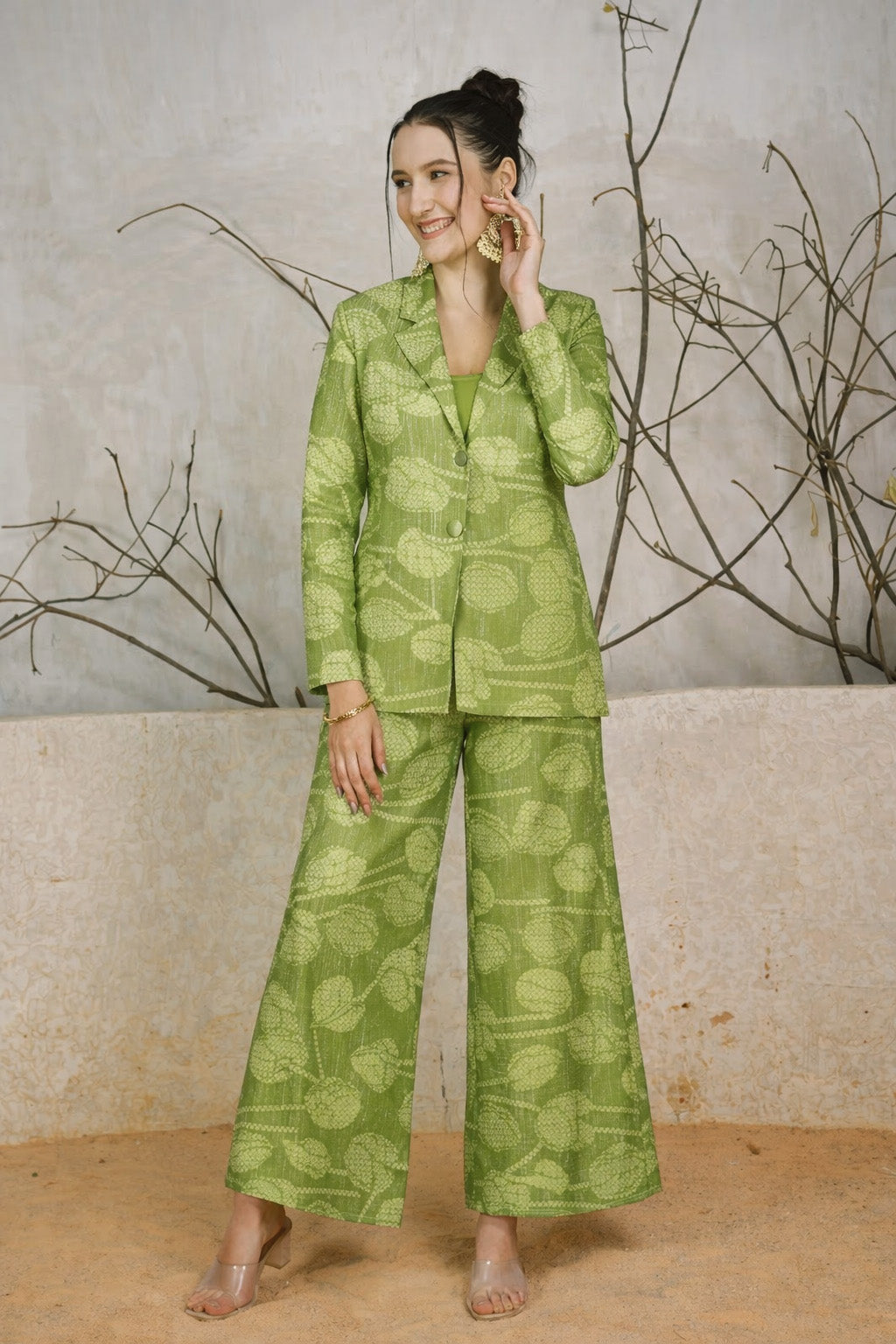 Green Color Dupion Print Fabric