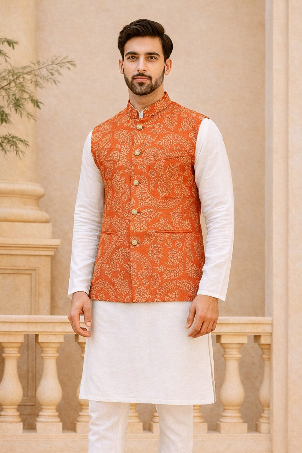 Orange Color Dupion Print Fabric