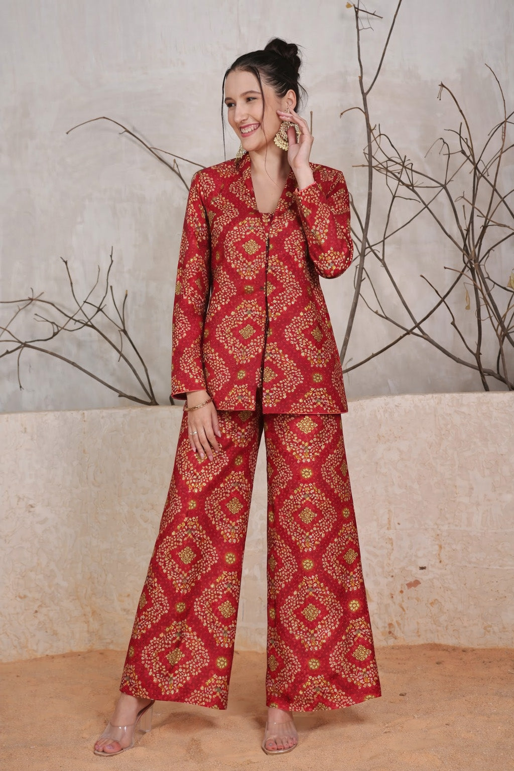 Red Color Dupion Print Fabric