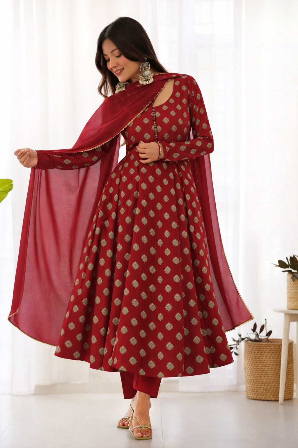 Maroon Color Crepe Hydra Print Fabric