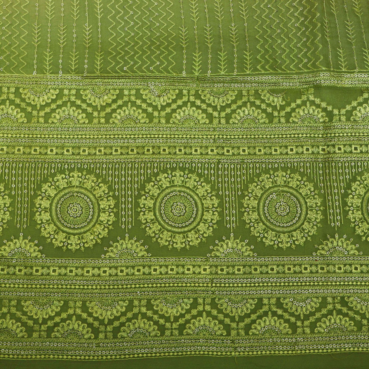 Green Multi Colored Organza Embroidery Designer Fabric