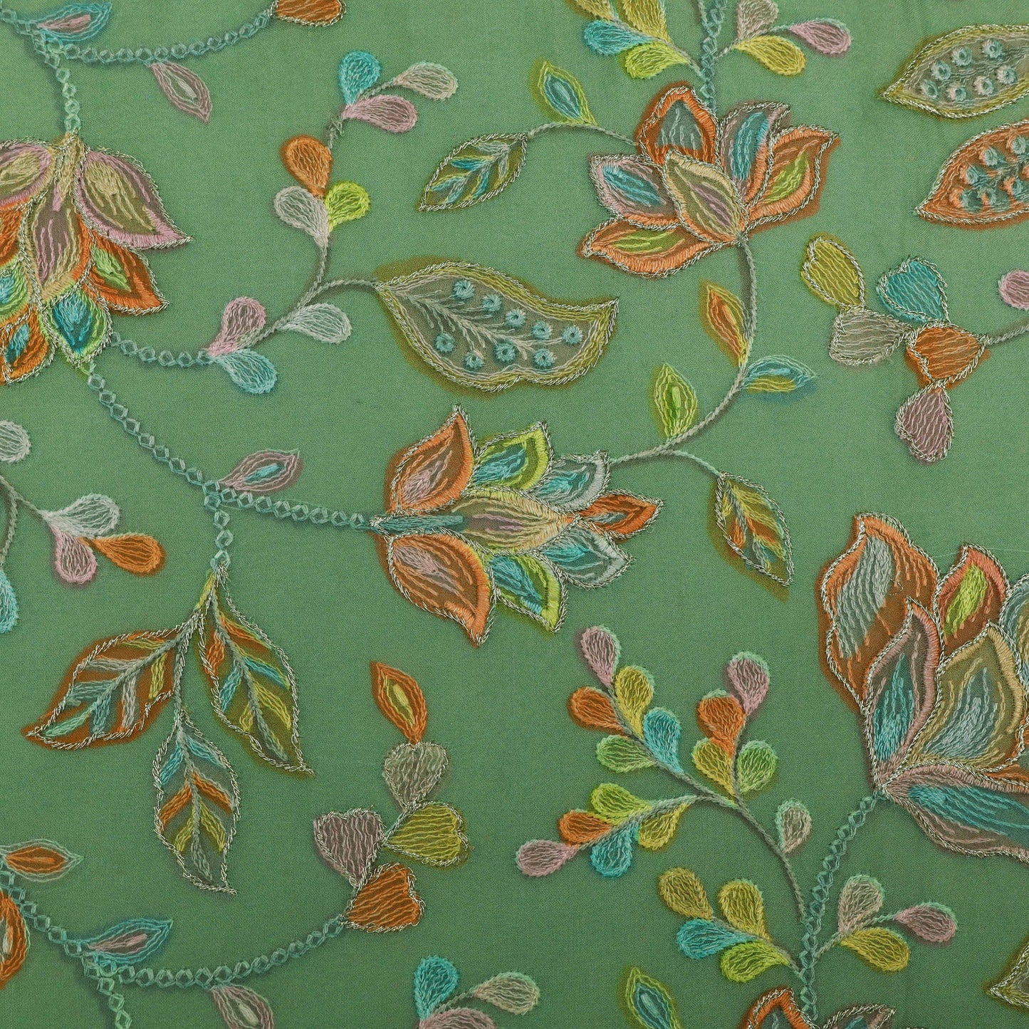 Green Multi Colored Organza Embroidery Designer Fabric