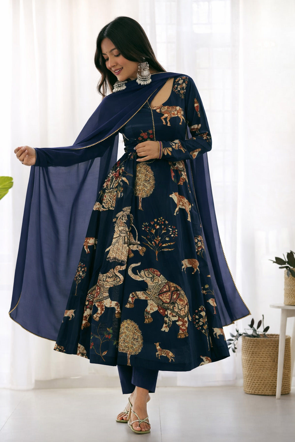 Navy Blue Crepe Hydra Print Mukaish Fabric